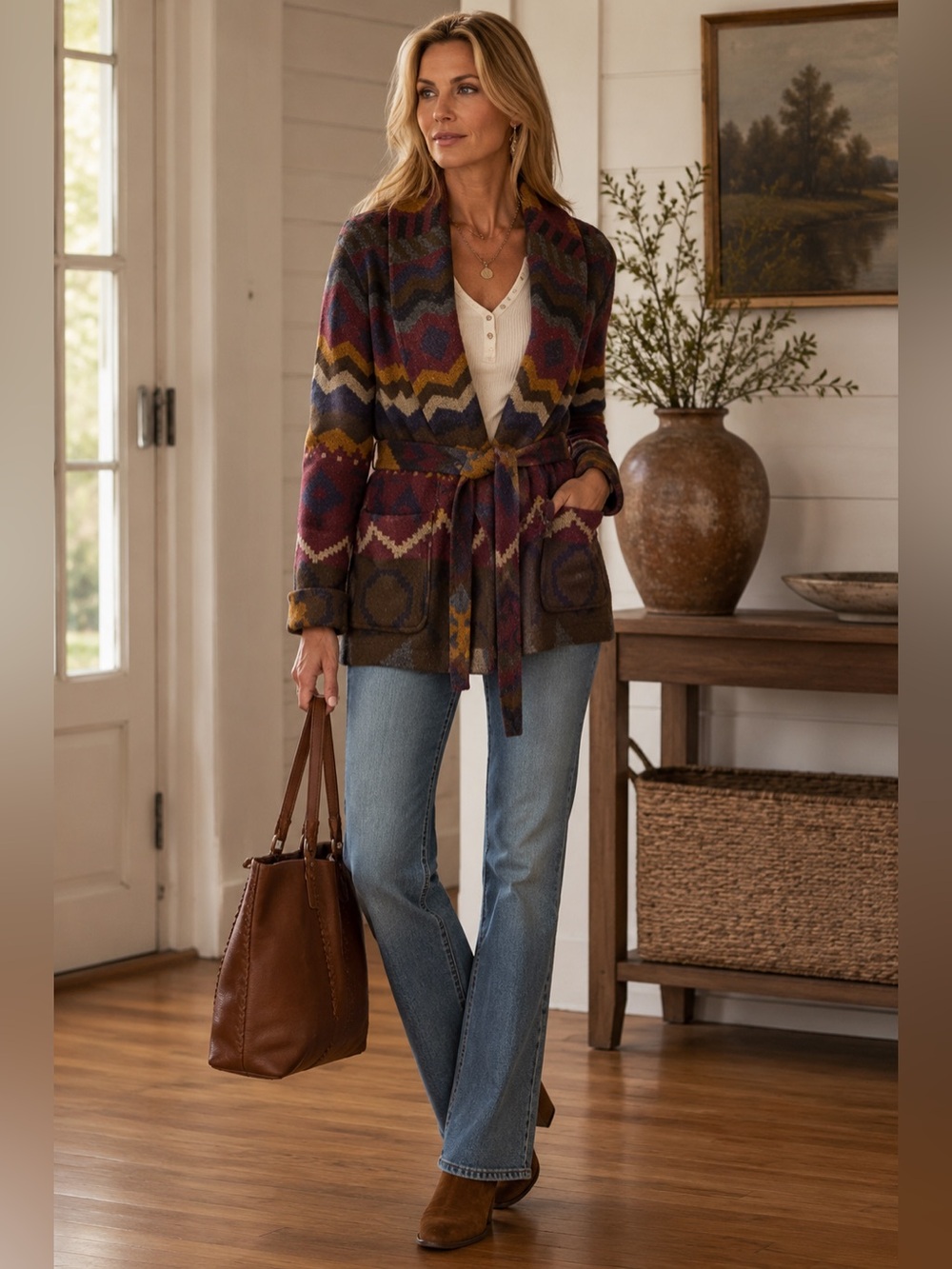 Vintage Rafaella Petites Southwestern Belted Blanket Cardigan Jacket S Western - Picture 2 of 11